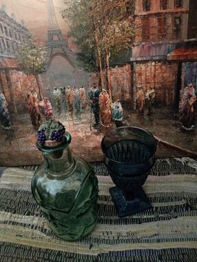 Vintage Green Glass Decanter 3D Jar& Blue Goblet - Decorative Home Art Accent